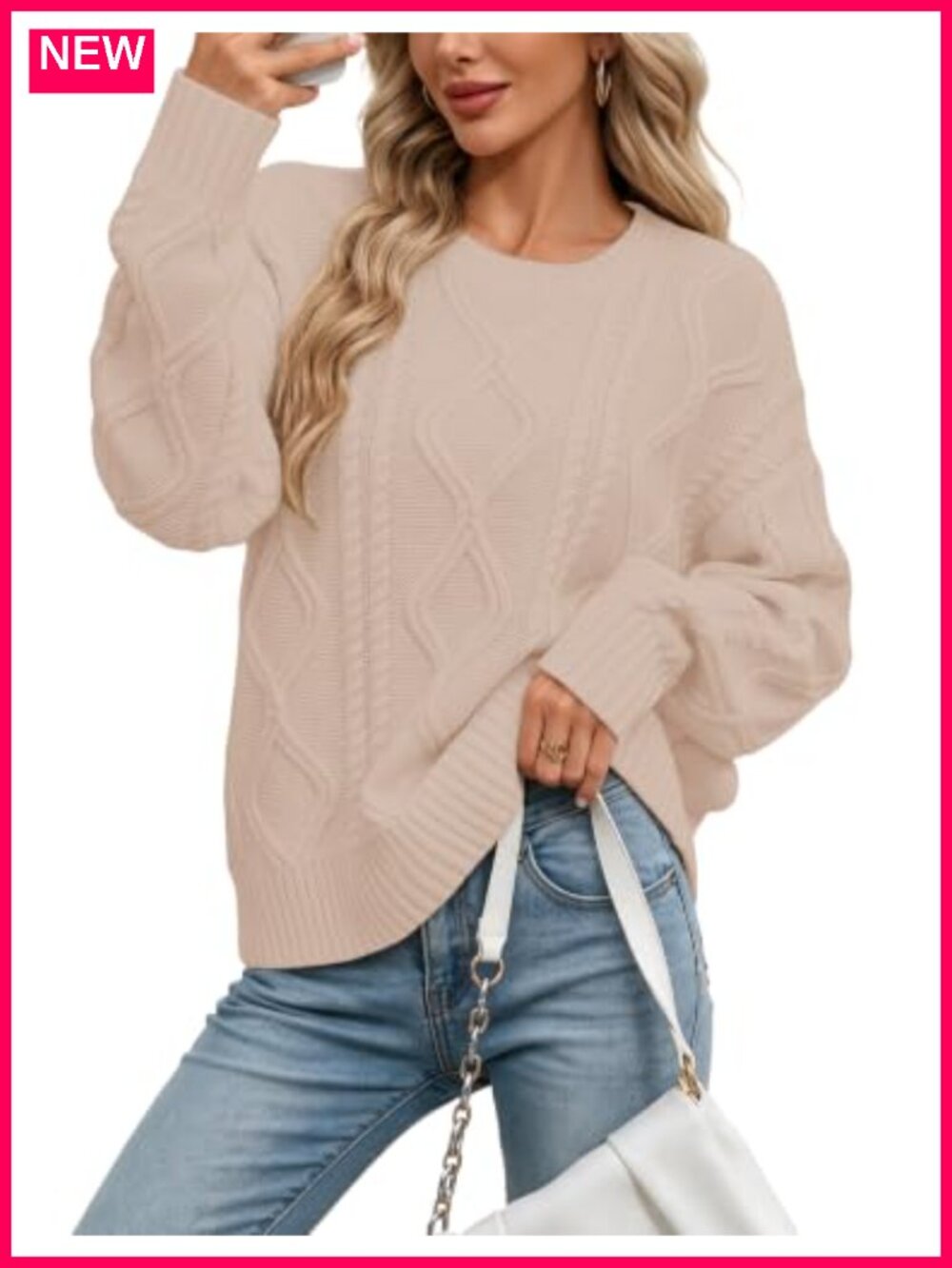 Oversized Chunky Cable Knit Crewneck Long Sleeve Pullover Sweater